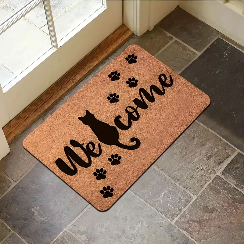 Cat Paw Welcome Doormat Cute Kitten Silhouette Print Non Slip Rug for Pet Lover Front Door Entryway Decor
