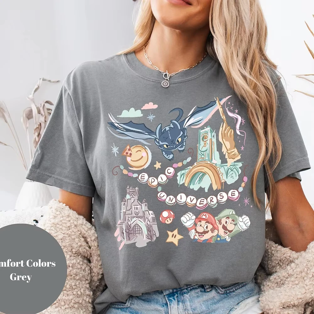 2025 ديزني ريترو الأسرة قميص للنساء الصيف فضفاضة وتنفس القطن جولة الرقبة تي شيرت Y2K اليومية مريحة #4