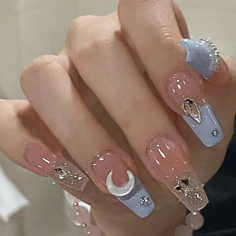 

24Pcs Long Coffin Press-on Nails: 3D Moon with Irregular Diamonds & Blue Border - Celestial Dream Style