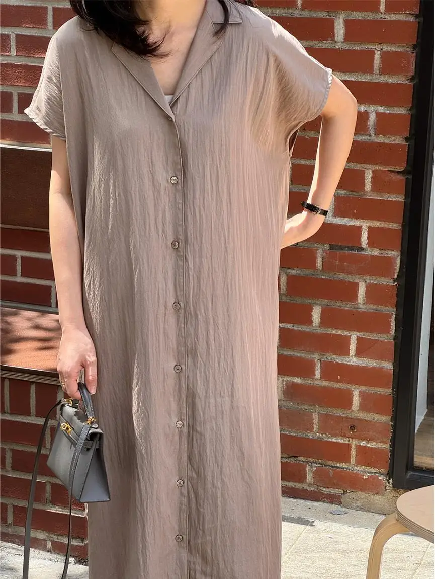 Casual Summer Commute Pure Color Women's Shirt Dress Short Sleeve Loose Fit Long Midi Skirt Single Button Korean Style