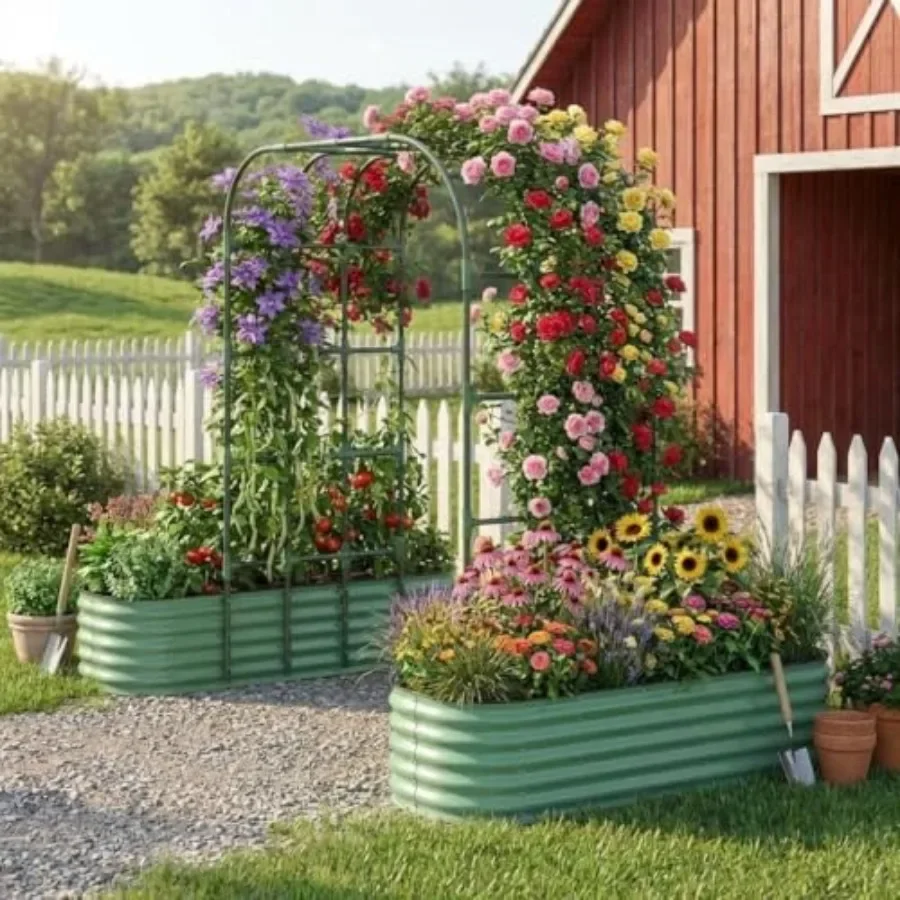 Garden Arbor with Planter Box, 96 Tall Metal Garden Arch Trellis, Expandable Raised Garden Bed for Climbing Plants and Vines in