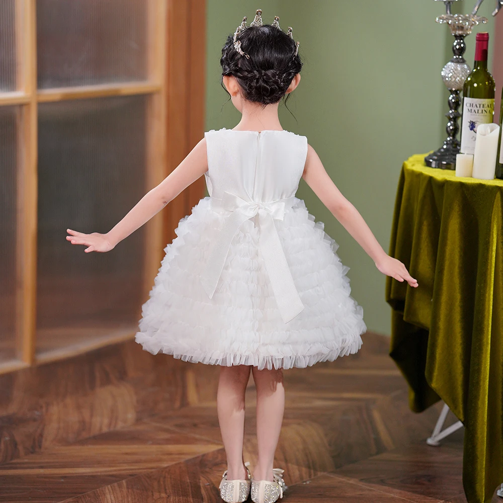 Vestido escalonado de satén para niña, traje de princesa con flores, color blanco, Rosa y Rojo, ideal para fiesta de cumpleaños y boda, Verano