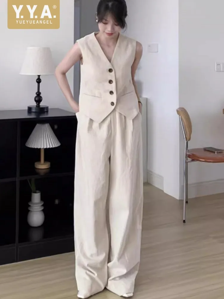 

Summer Women Casual Cotton Linen Sleeveless Vest Top Wide Leg Pants Two Piece Set Single Breasted Waistcoat Floor Length Pants