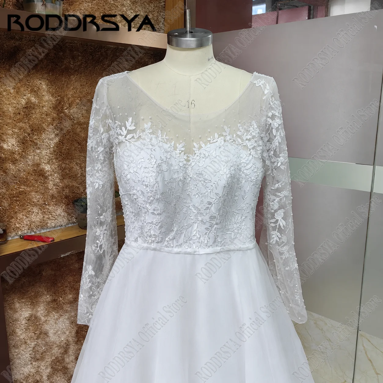 Organza Hochzeit Kleider Für Frauen 2021 Spitze Applique Perlen Oansatz Langarm Hochzeit Kleid Strand Brautkleider – Detail 12