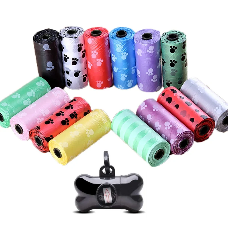 Pet Poop Bags Disposable Dog Waste Bags, Bulk Poop Bags with Leash Clip and Bone Bag Dispenser 5Roll(75Pcs) Bags with Paw Prints