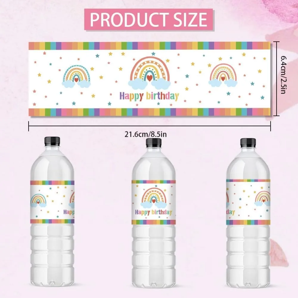 30pcs Happy Birthday Water Bottle Wraps Rainbow Star Water Labels Adhesive Stickers Waterproof Water Wraps