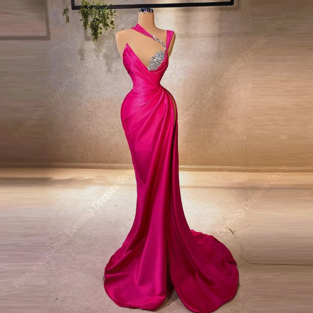 

2025 Satin Women's Evening Dresses Sexy Mermaid Prom Gowns Customized Sparkling Beading Sleeveless Vestido De Gala Noche Mujer