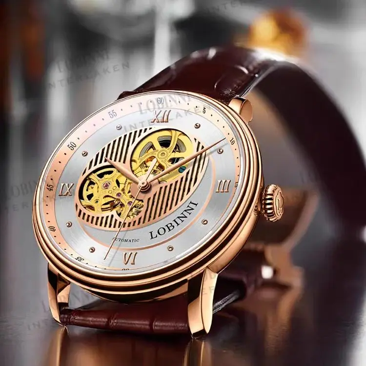 Lobinni Men Automatic Watch 40MM Mechanical Wristwatch Skeleton Dial 50M Waterproof Sapphire Leather Strap