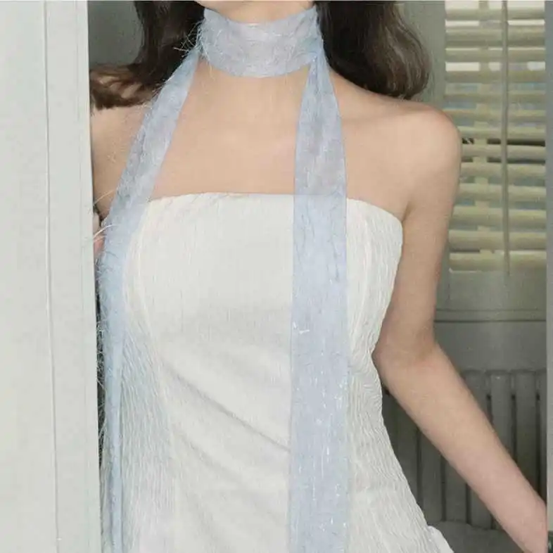 Premium Spring Summer Blue Flowing Sand Scarf Women Sweet Relaxed Long Ribbon Tie Hair Multifunctional Silk Wrap
