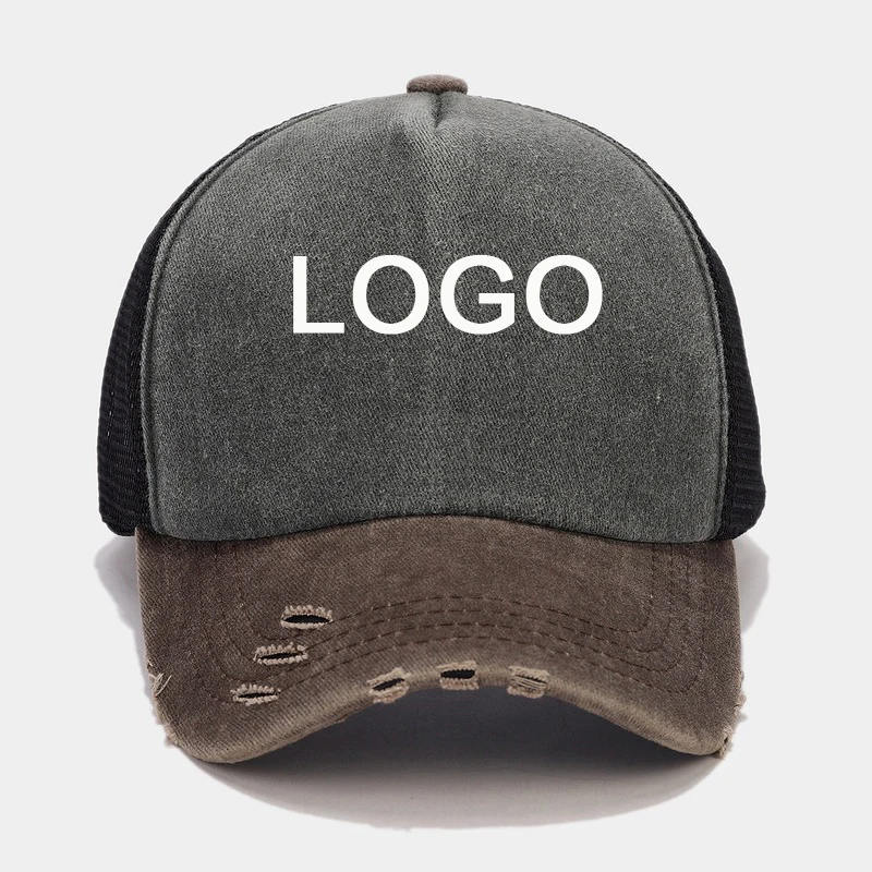 Vintage Mesh Trucker Cap Customizable Washed Distressed Baseball Hat with Personalized Logo Adjustable Streetwear Sun Cap