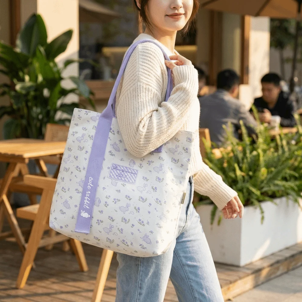Cute Rabbit Canvas Bag Floral Large Capacity Tote Bag Versatile Reusable Lunch Bag Student