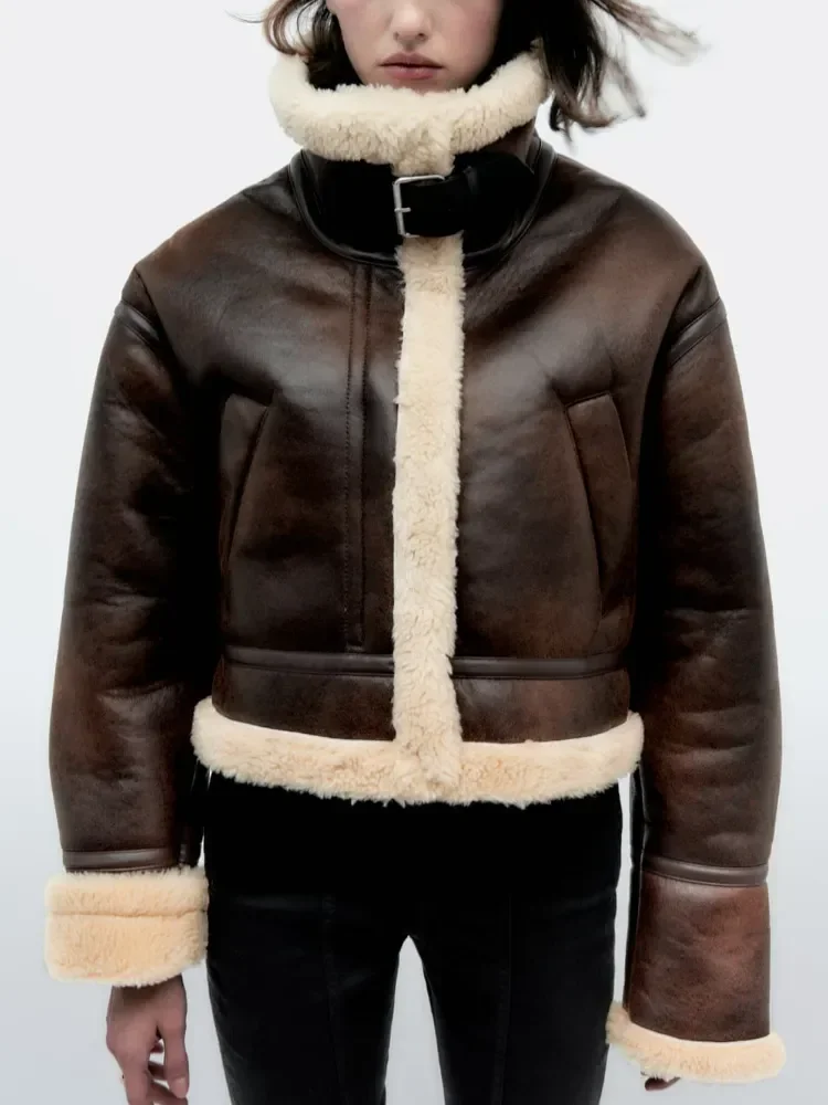 ZBZA Women Double Faced Biker Jacket New Faux Leather Warm Lambswool Thicken Jacket Tabbed Lapel Female Short Coat PU Outerwear