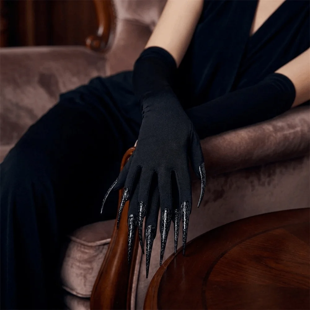 Gothic Long Nails Gloves Polyester Elastic Halloween Witch Gloves Black Stretch Black Detachable Claw Nails Gloves Haunted House
