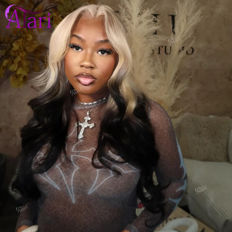 Ombre Blonde Black Body Wave Human Hair Wigs 13X4 13X6 Transparent Lace Frontal 613 Colored Remy Wig 180 Density Pre Plucked