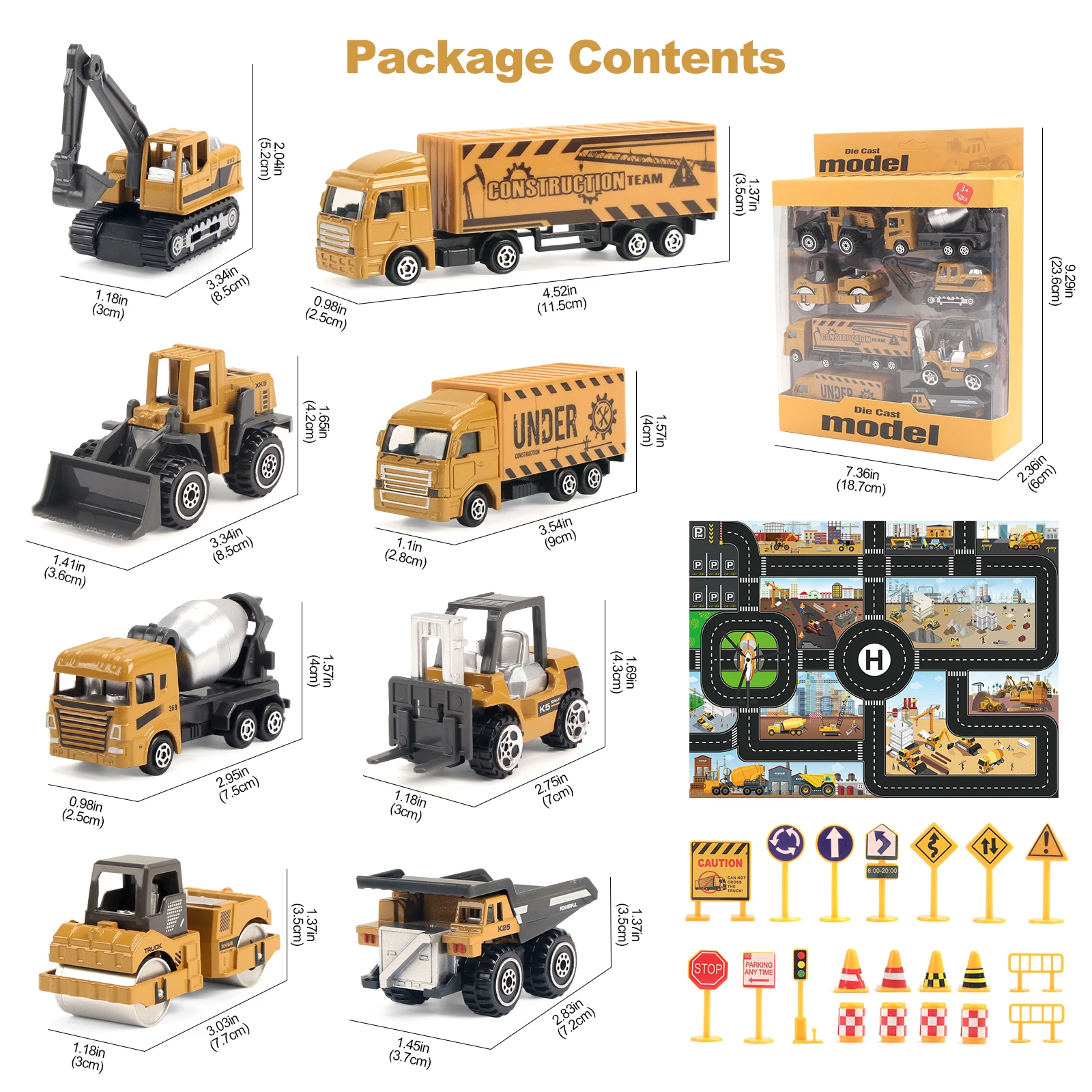 8pcs/set Alloy Engineering Truck with Mat&Road Sign Classic Construction Model Vehicle Loader Tractor Excavator Toy Car for Boys