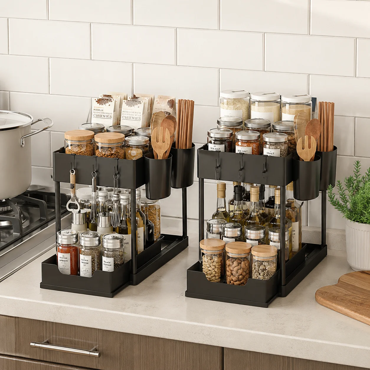 Under Sink Organizers And Storage,1/2 Pack 2-Tier Sliding Pull Out Basket,Antirust Carbon Steel Frame,With 5 Hooks & 2 Hanging Cups,Hollow Water Drain Design,Stable Deformation Resistant Rack For Kitchen,Bathroom,Desktop,Black
