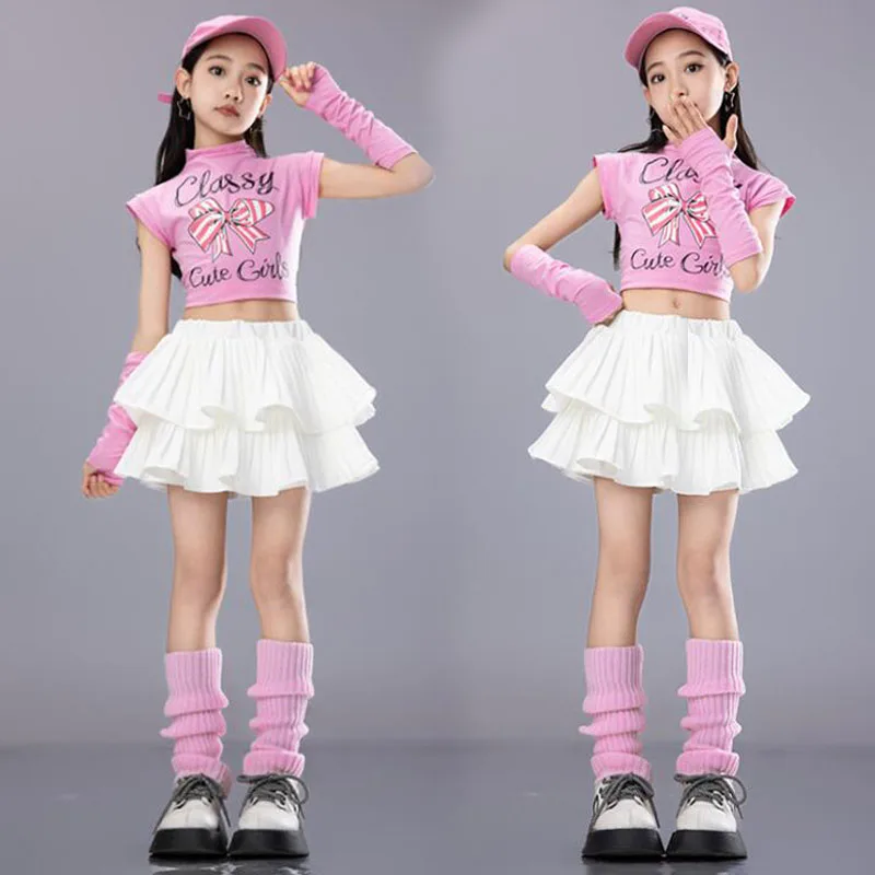 Hip Hop Outfits Kids Crop Top Street Dance Tiered Skirts Girls Streetwear Children Cheerleader Costumes Stage Jazz Clothes Sets