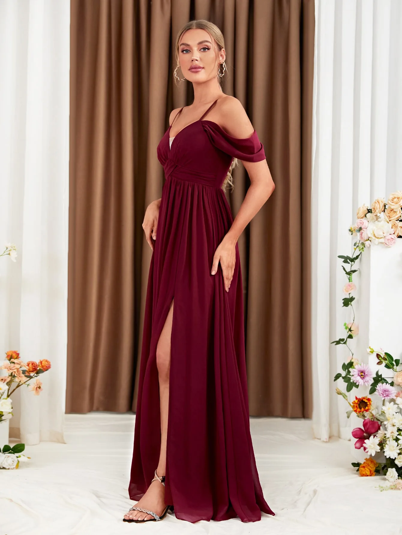 ICCLEK Wedding Party Bridesmaid Dress A-Line Cold Shoulder Burgundowa sukienka wizytowa z rozcięciem Vestido De Gala Noche Mujer