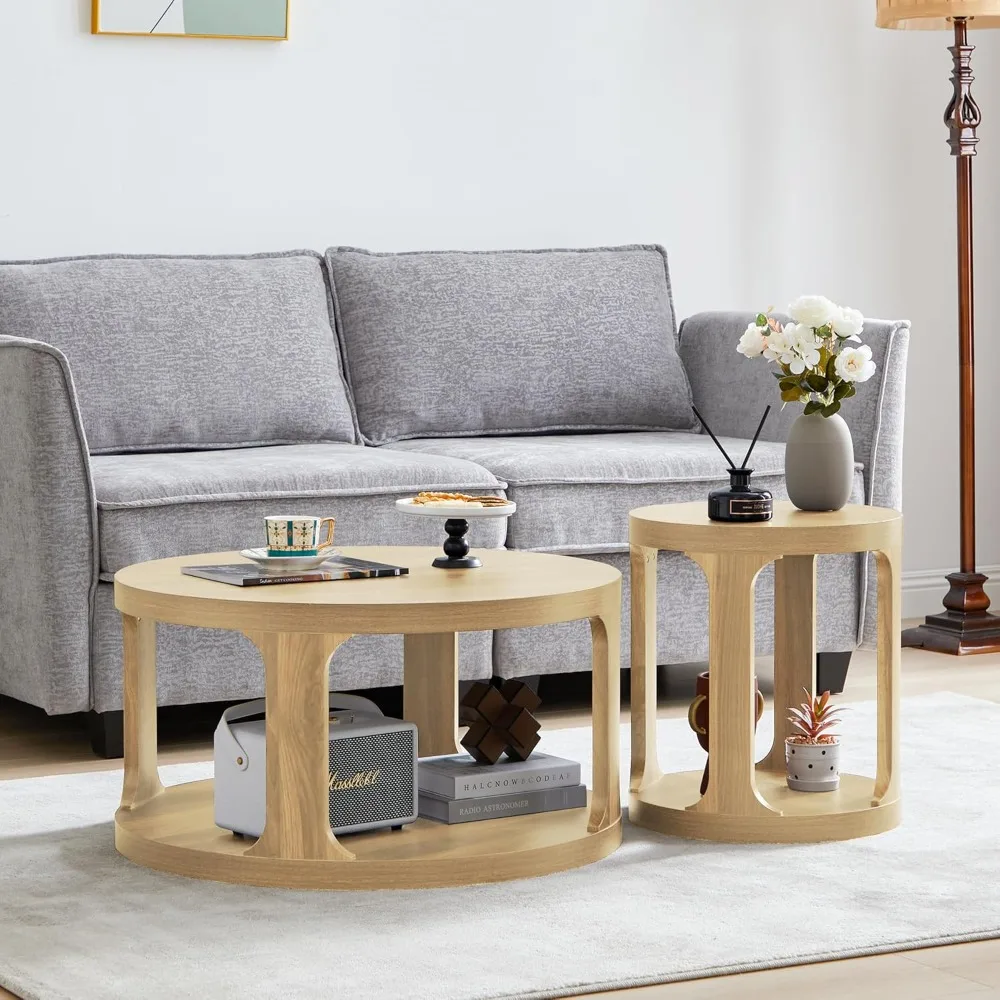 

Coffee Table and End Set of 2, Round Coffee with 2-Tier Storage, Accent Side for Living Room (Natural)