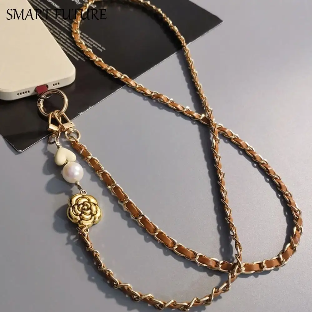 

Жемчужный диагональный ремешок для мобильного телефона с камелией, роскошная веревка для телефона через плечо, анти-потерянный модный ремешок для мобильного телефона, подвесной чехол для телефона