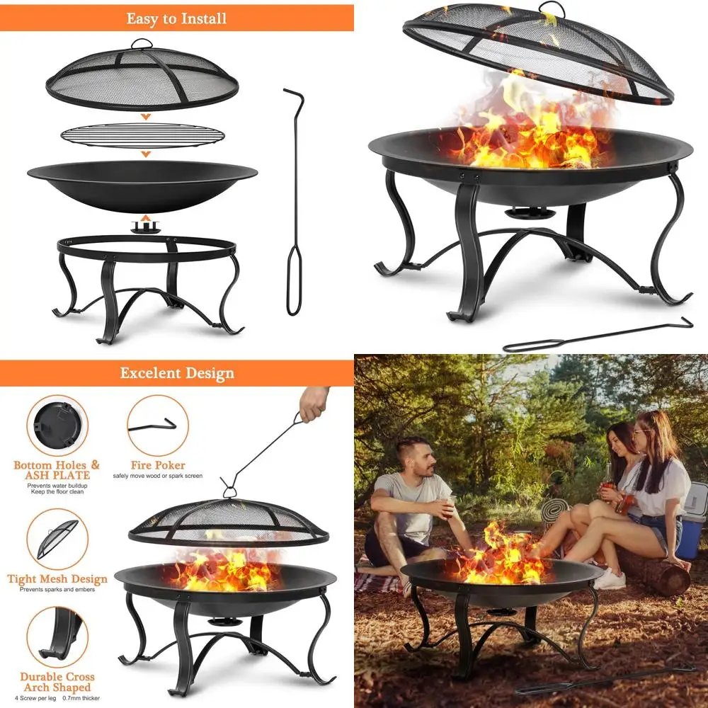 

30-дюймовое уличное стальное костровое место для розжига - портативная чаша для костра на дровах с пепельницей, защитным экраном от искр, решеткой для дров и кочергой для патио