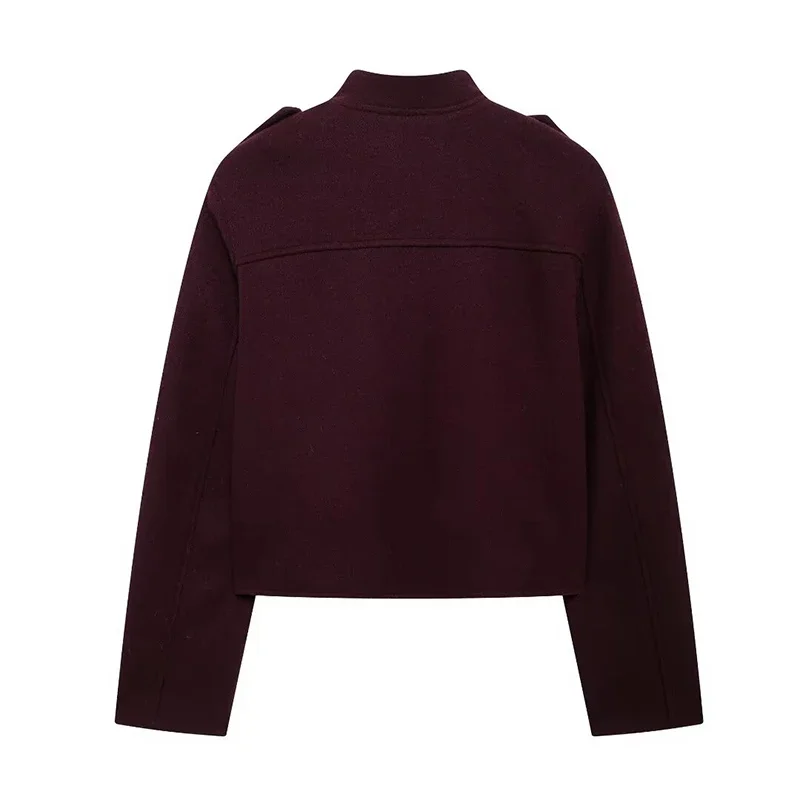 Women Fashion With Pockets Wine Red Single Breasted Jackets Vintage O-Neck Long Sleeves Female Chic Lady Outfits