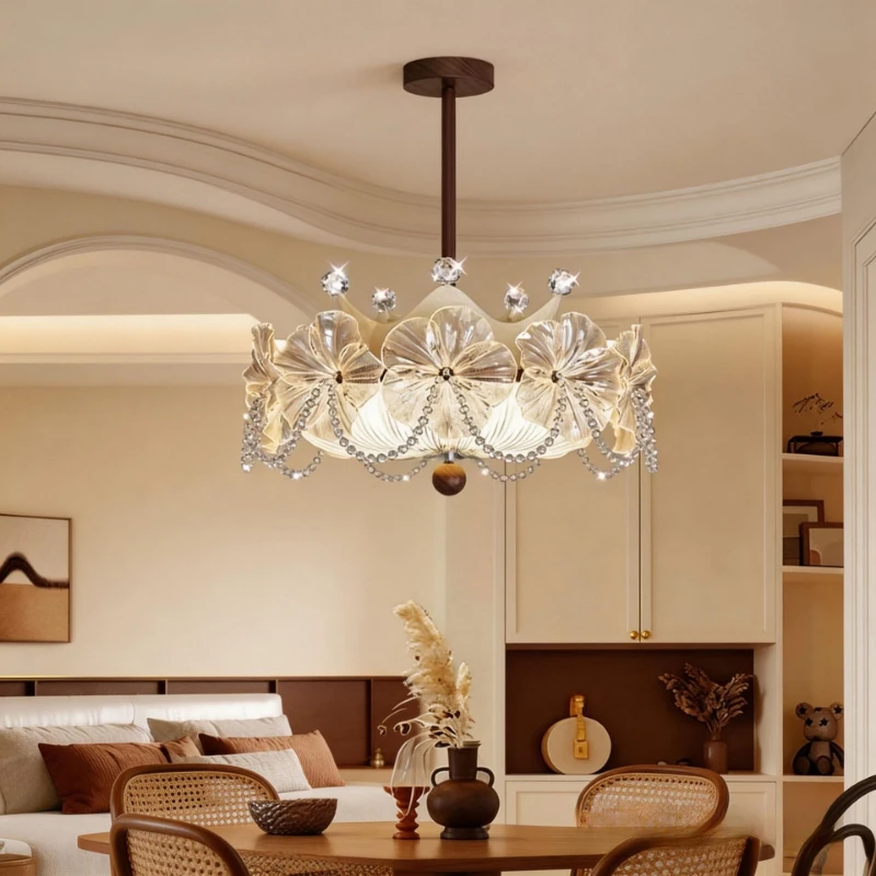 

French light luxury walnut flower shape daughter room ceiling light antique master bedroom warm crystal chandelier