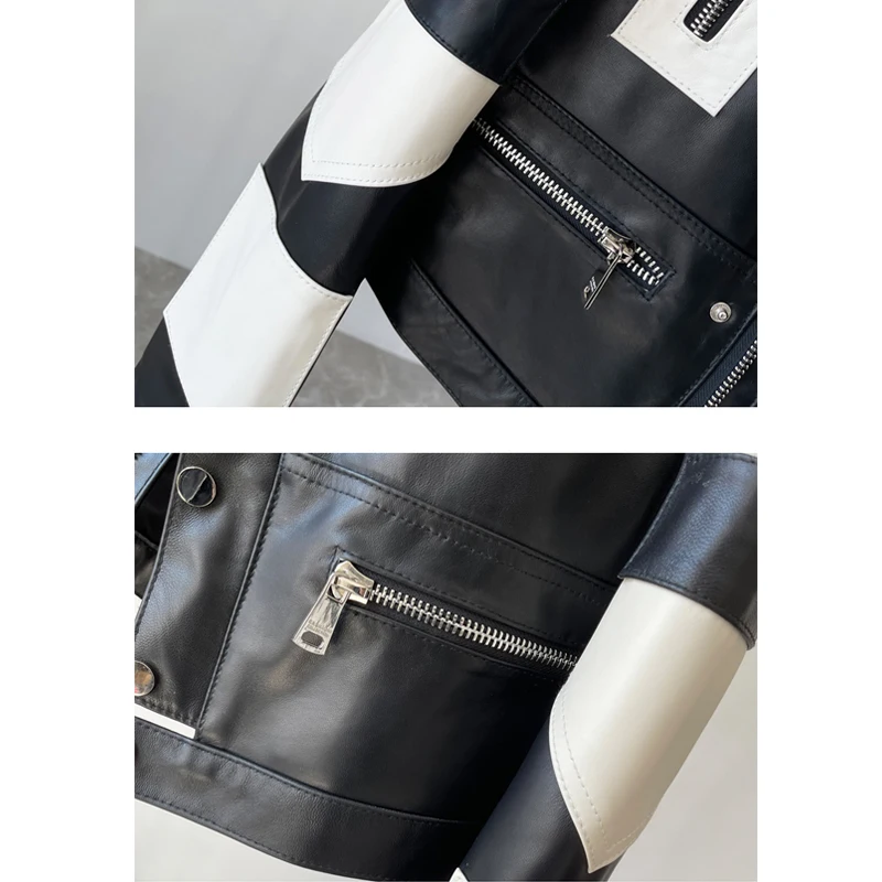 Damen-Jacken aus echtem Schaffell, Herbstmode, Stehkragen, Farbblockierung, einreihig, erste Schicht, Leder, Reißverschluss, Mäntel