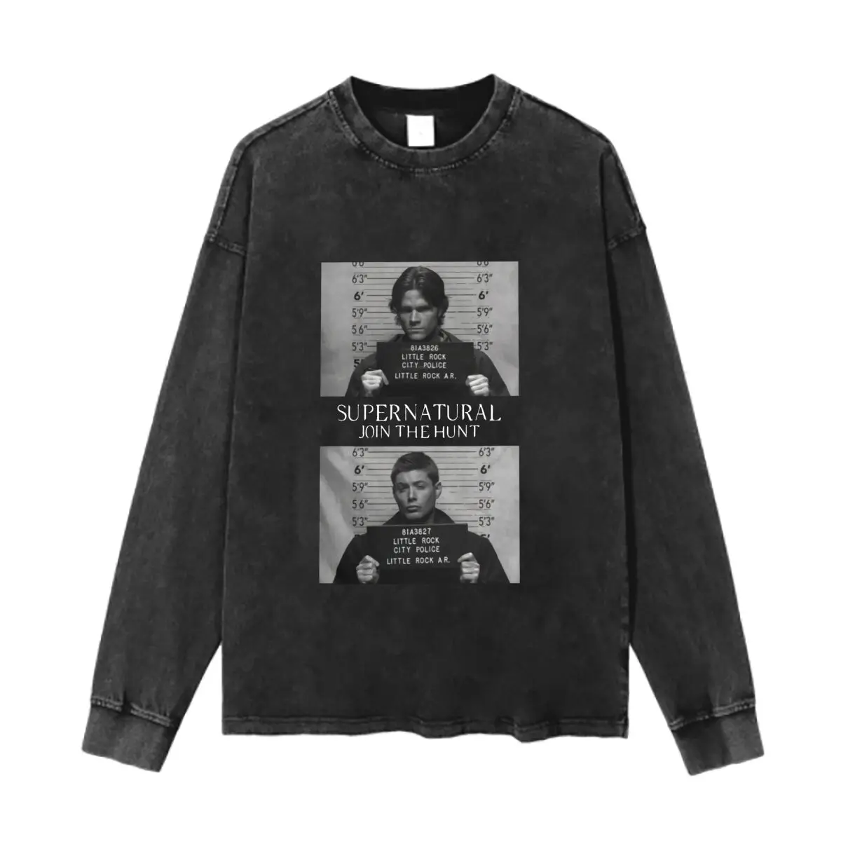 Supernatural Mugshot Art Graphic Washed Vintage Long Sleeves Cotton Tee Shirt Solid O Collared For Men's And Women's