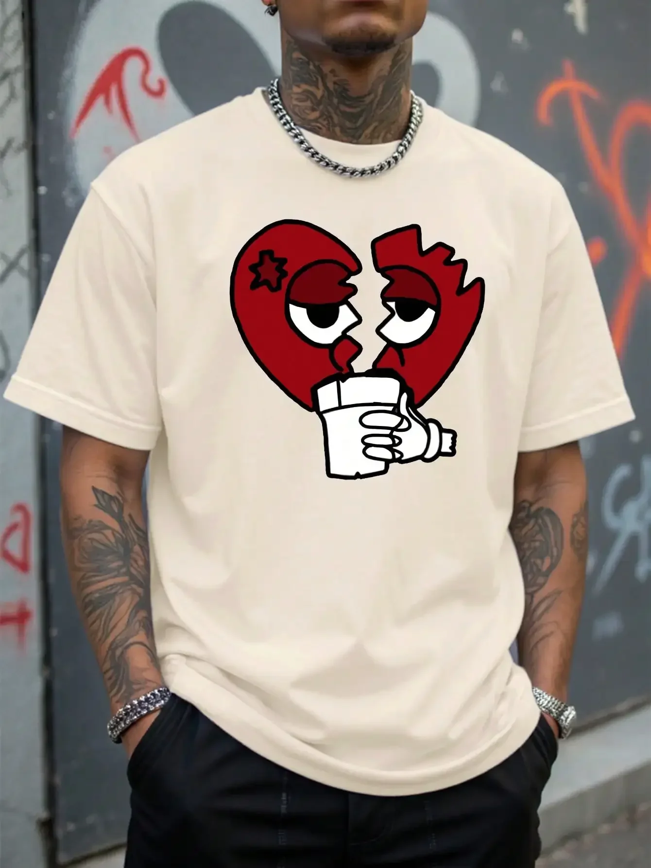 Creative Broken Love Print T Shirts Mens Breathable Cotton T-Shirt Hip Hop Oversized Streetwear Summer Soft Man Short Sleeve