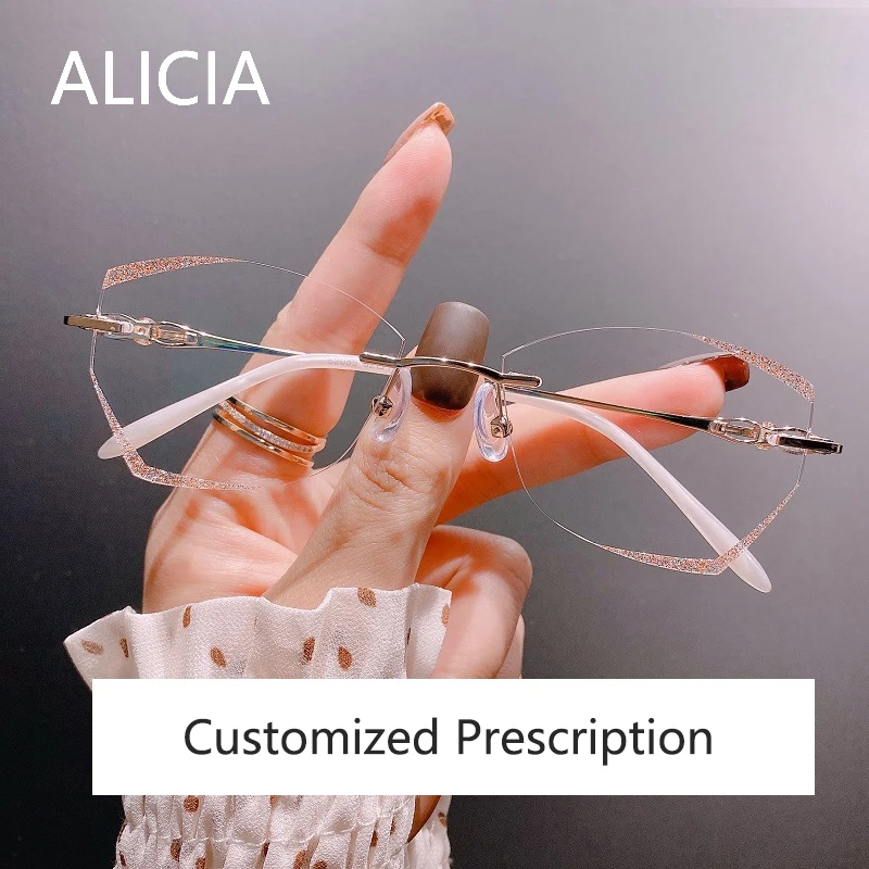 ALICIA Women's Luxury Rimless Eyewear Anti Blue Light Blocking Glasses Myopia Astigmatism Progressive multifocal Prescription