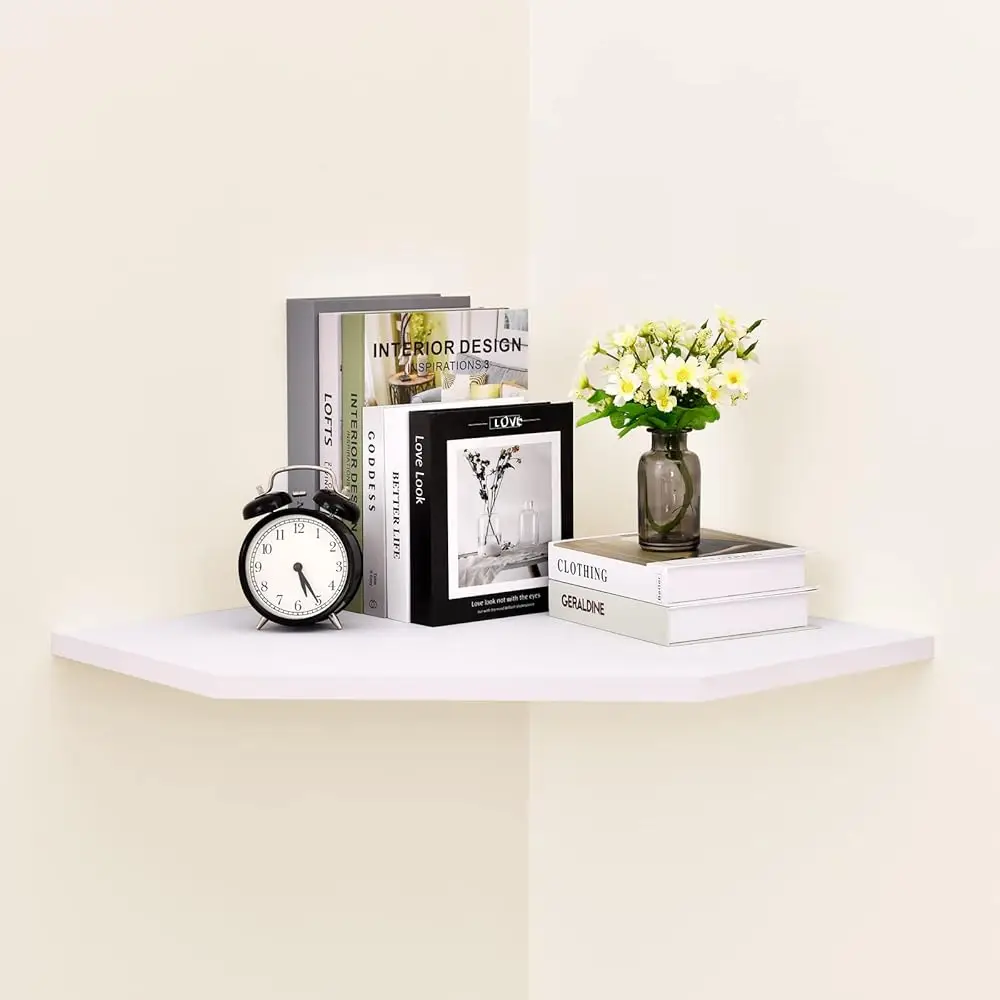

White Corner Wall Shelf, 20-Inch Pentagon Floating Corner Shelf With Wire Cable Hole For Bedroom, Living Room, Bathroom, Large