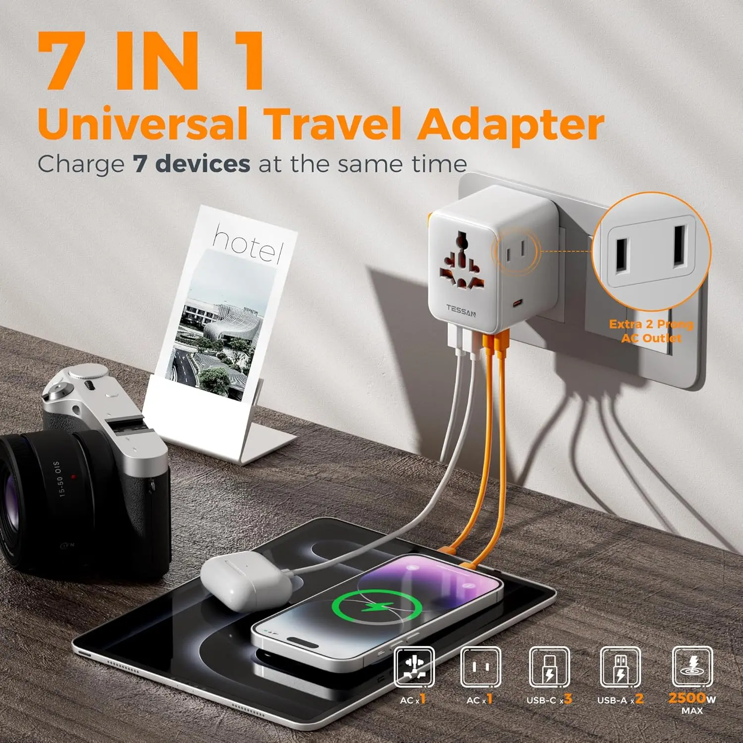 TESSAN 65W GaN International Travel Adapter Universal 28W 20W Plug Adaptor with 4/5 USB Ports Portable Outlet for EU/UK/USA/AUS