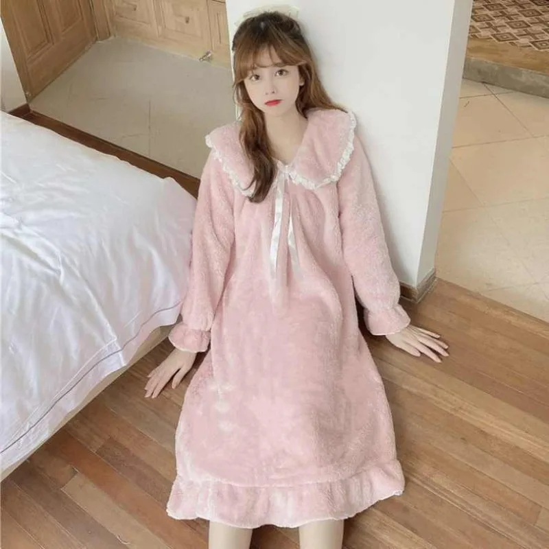 Coral Velvet Long Sleeve Sleeping Dress Female Autumn  Winter Thickening  New Sweet Net Red Explosive Pajama Women's Home Wear