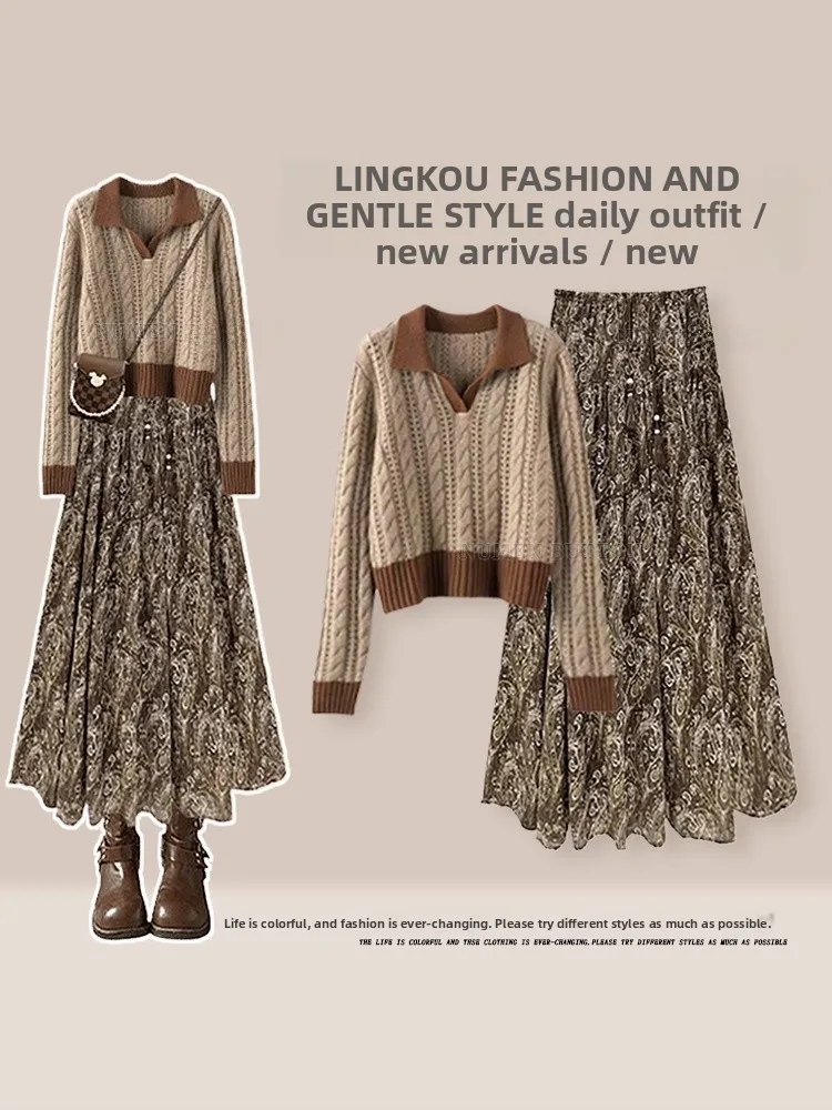 

Spring Atmosphere Large Size Knitted Sweater And Floral Half-length Skirt Set Women's Fashion Slimming Two-piece Ensemble