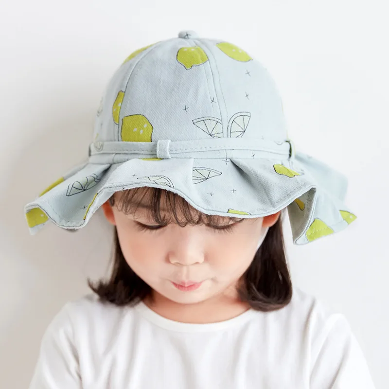 Sombrero de algodón con estampado de frutas para niñas, sombreros de cubo con lazo, Princesa, gorra de sol, viaje de playa, 1-3 años