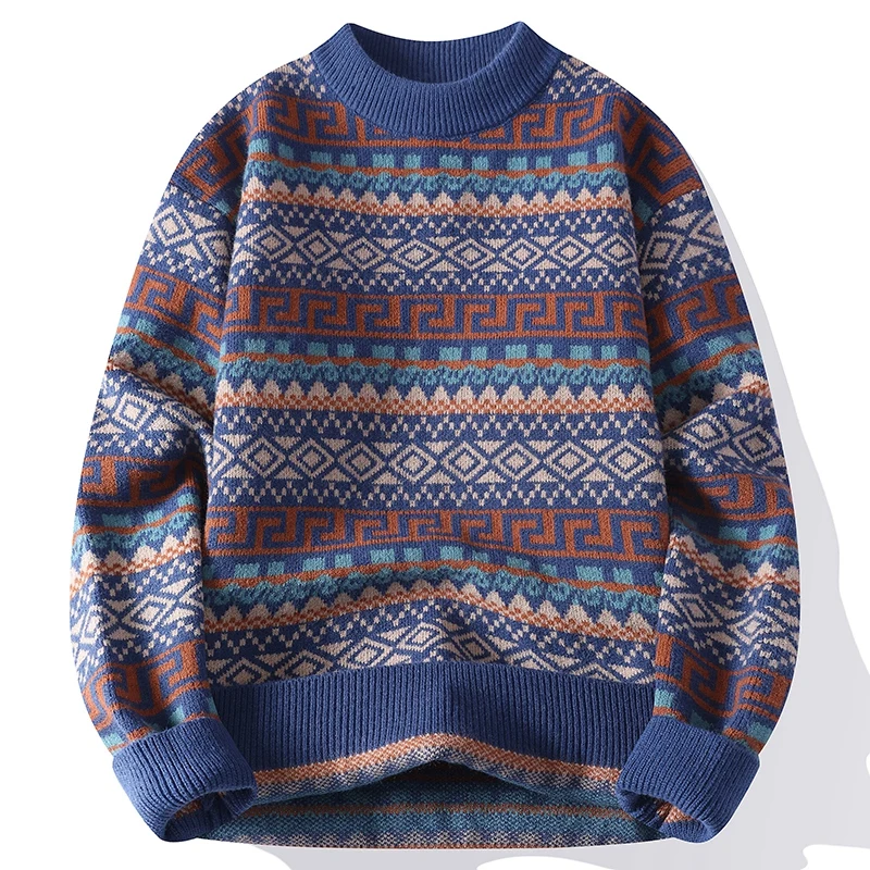 Trendy Men's Round Neck Sweater Autumn Winter Ethnic Style Knitwear Minimalist Loose Pullover Fashion Casual Daily Wear Knit Top