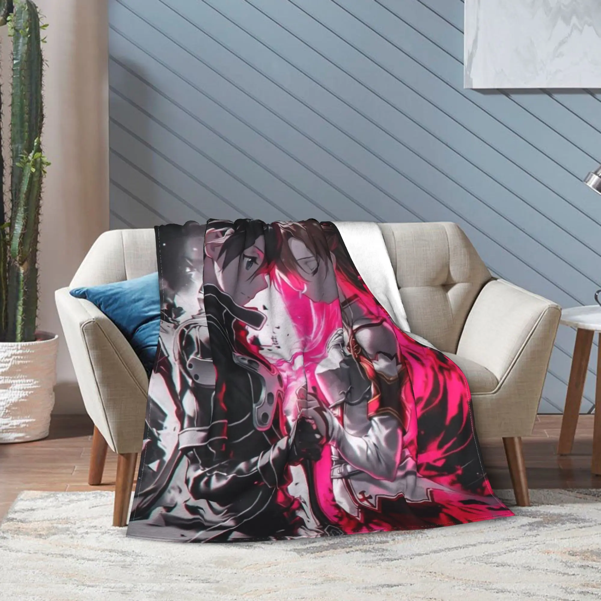 Super Soft Sword Art Online Kirito Asuna Throw Blanket Fleece Flannel Lightweight Blanket Cozy Fluffy Blankets All Season Use