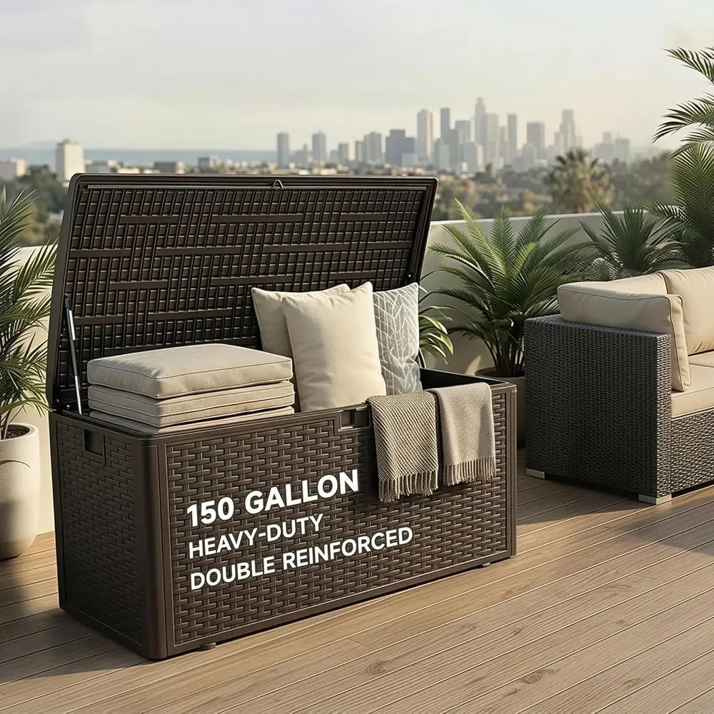 

150 Gallon Deck Box, Double Layer Waterproo Resin, Lockable & UV Resistant Storage Box or Patio, Garden, Pool, Brown