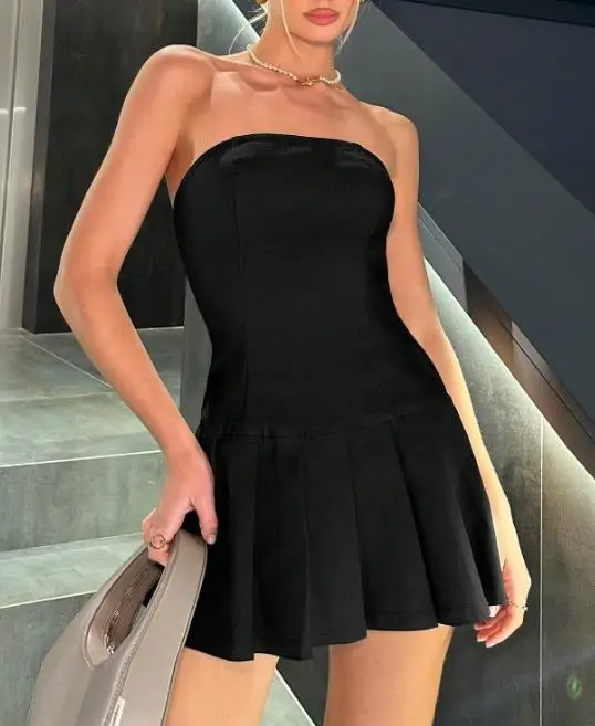

Women's Dress Summer New Style French Elegant Temperament Sexy Style Solid Color Simple High Waist Pleated Strapless Dress
