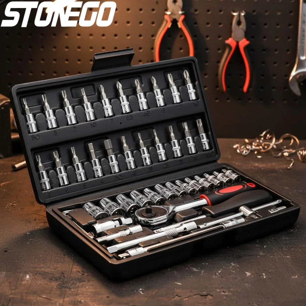 46Pcs 53Pcs 1/4 Inch Drive Socket Set Metric Ratchet Wrench Tool Kit with 4-14mm CR-V Sockets S2 Drill Bits and Extension Rod