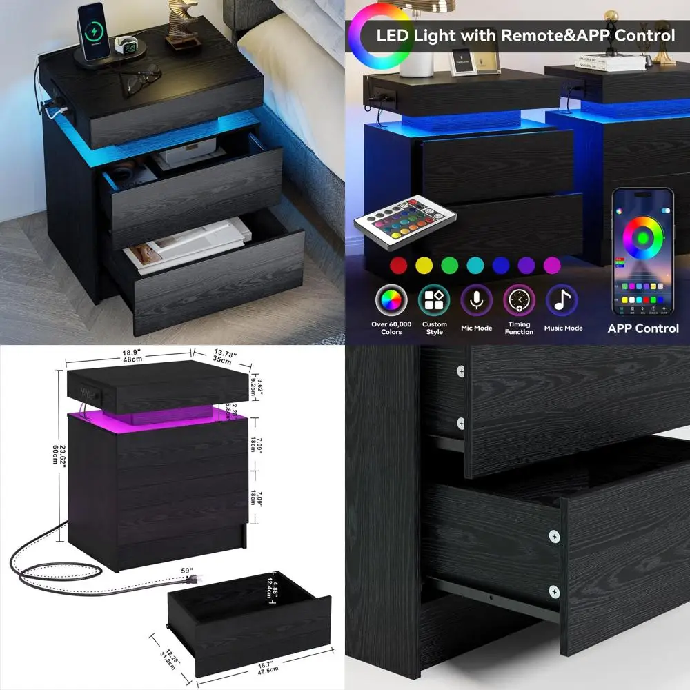 

Современная черная прикроватная тумбочка с USB-зарядкой, светодиодной подсветкой и выдвижными ящиками для спальни