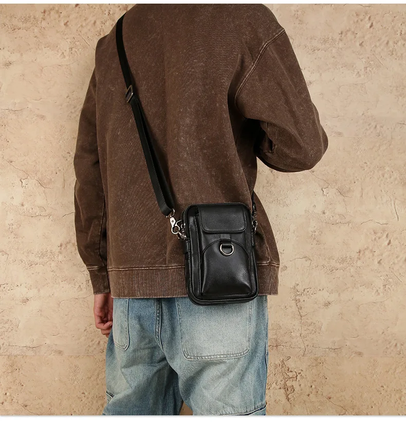 Men's crossbody bag with top layer cowhide vertical square commuting multi-functional men's mobile phone bag