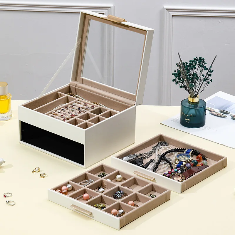 

HYS Window opening three-layer jewelry storage box necklace stud earrings exquisite jewelry box gold drawer jewelry box