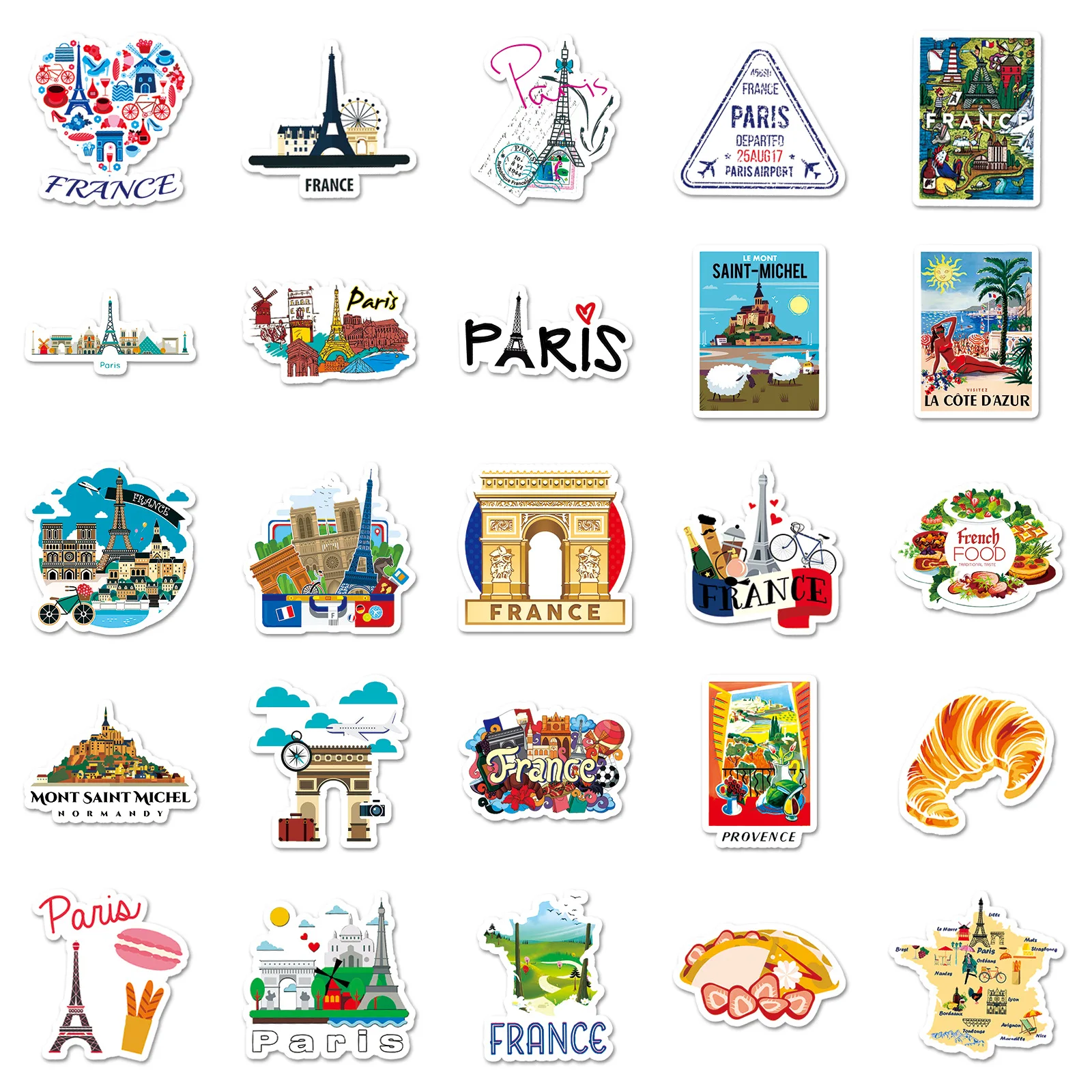 

50PCS France Paris Travel Stickers Eiffel Tower French City Landscape Decor for Laptop Water Bottle Luggage Waterproof Stickers