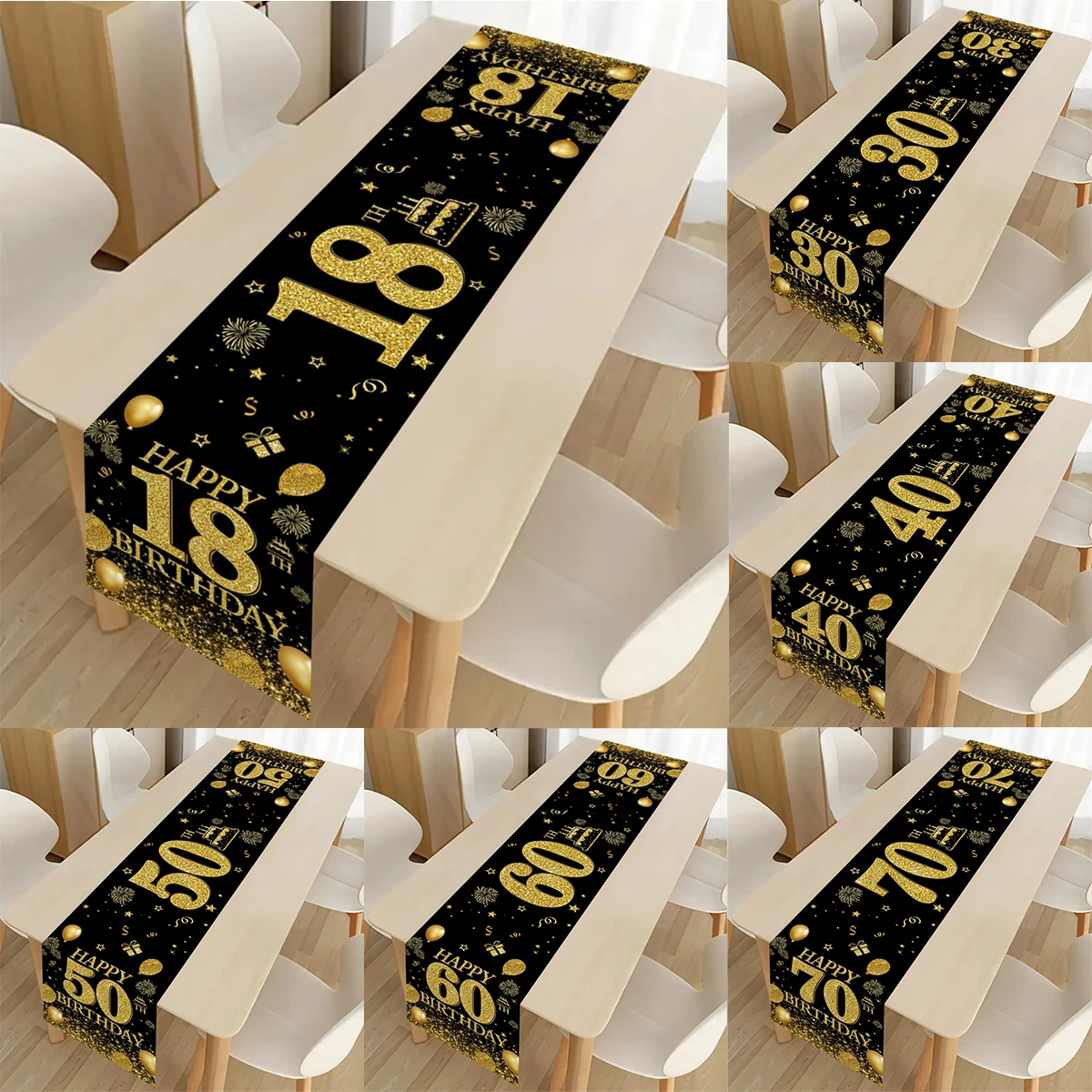 18 30 40 50 60 Years Old Golden Black Birthday Table Runner Happy Birthday Party Decoration Birthday Party Table Decoration