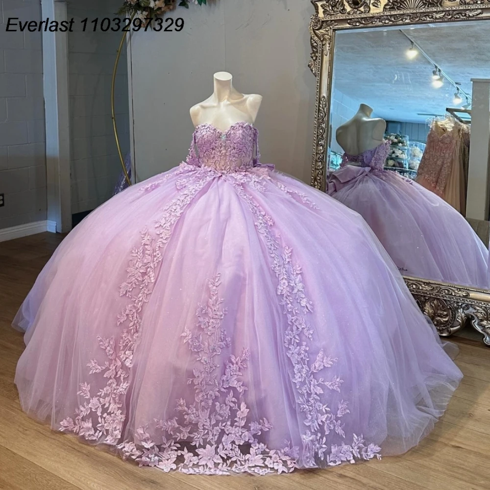 

EVLAST Princess Lavender Quinceanera Dress Ball Gown Lace Applique Beading Mexian Bow Corset Sweet 16 Vestido De 15 Anos TQD983