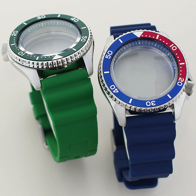 

Silver 42.5mm Watch Cases Rubber Bracelet Sapphire Crystal With Chapter Ring For Mod SKX 007 Seiko NH35 NH34 NH36 NH38 4R36 Movt