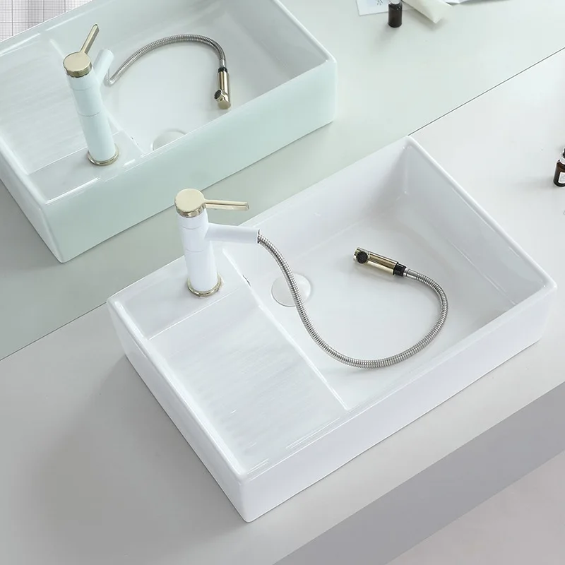 Ceramic washing machine table basin, laundry basin side launching basin with washboard, washbasin square