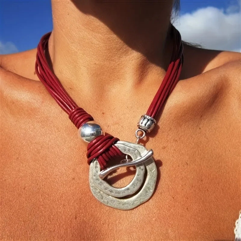 1 unidad de collar con colgante de anillo de doble capa de estilo étnico bohemio, joyería Vintage, regalo de aniversario y vacaciones